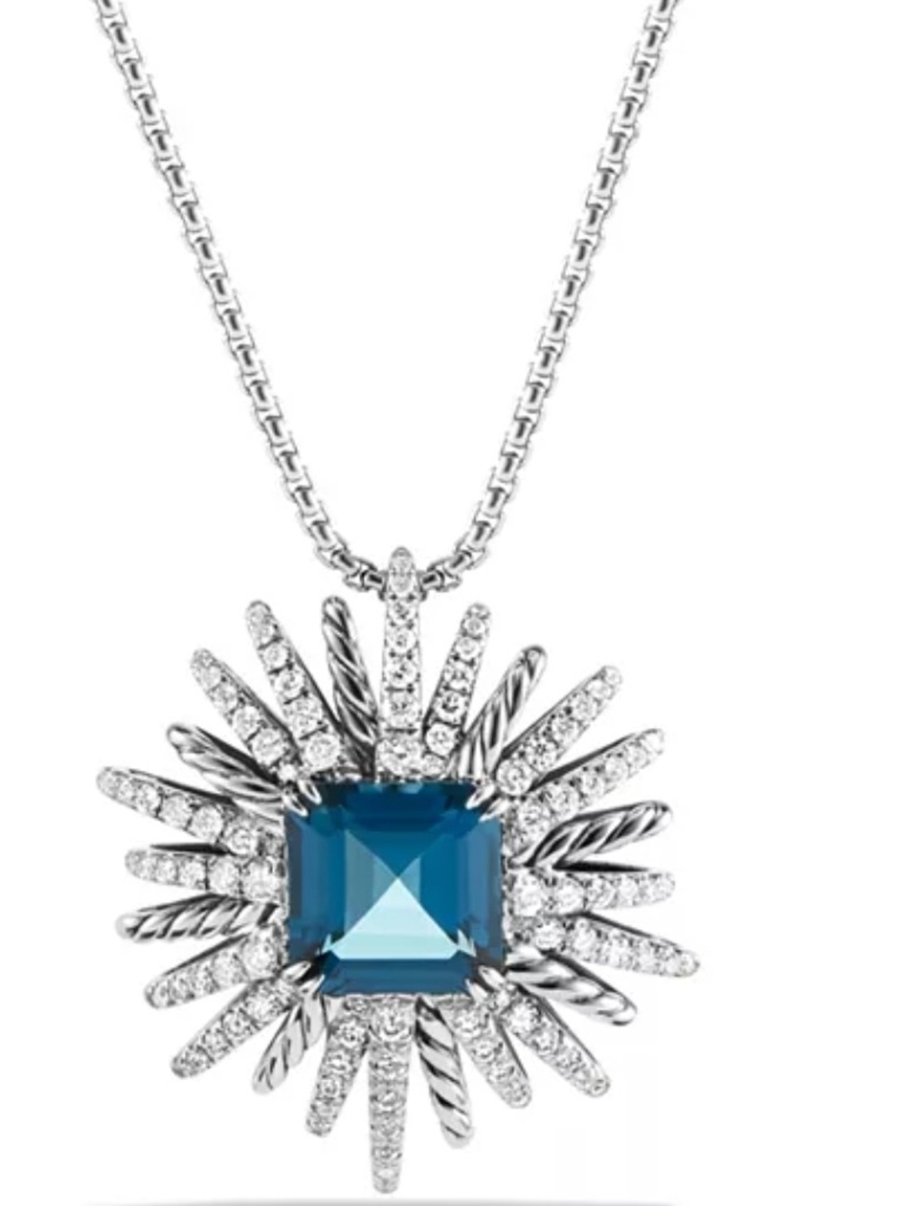 Silver Sunburst Necklace with Deep Blue Square Crystal Pendant